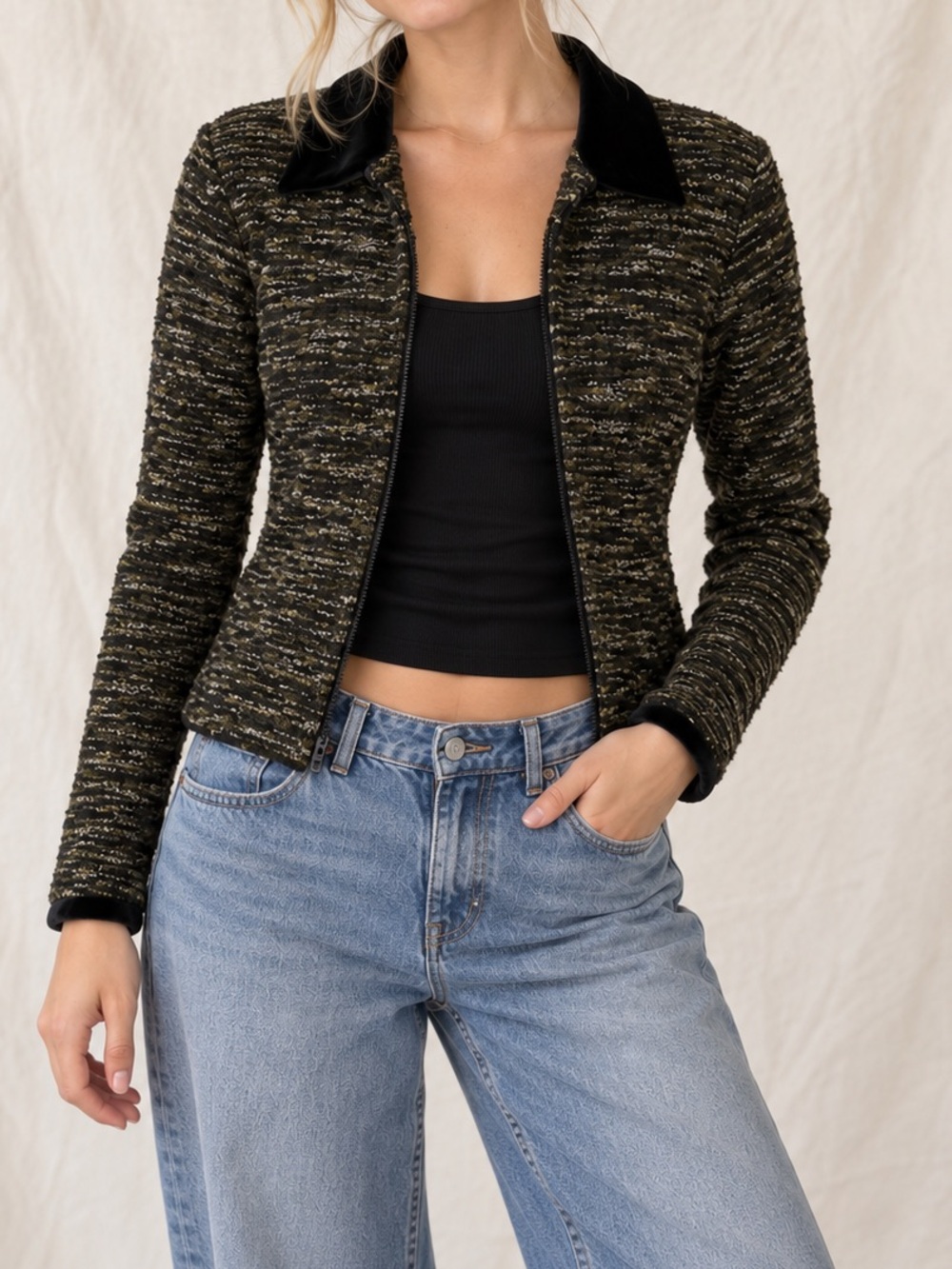 Vintage Black Green Knit Zip Jacket Velvet Collar Women’s L
